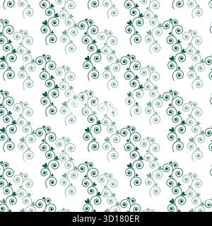 Elegantes, sich wiederholendes Muster von zarten grünen Blumenreben mit kleinen kreisförmigen Blüten isoliert auf weißem Hintergrund Stock Vektor