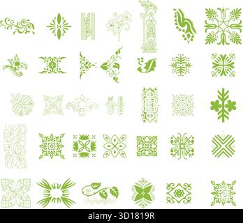 Sammlung abstrakter grüner geometrischer Blumenmuster und ornamentaler Designs isoliert auf weißem Hintergrund Stock Vektor