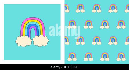 Nahtloses Regular-Design im Retro-Look. Comic-Regenbogen und zwei Wolken für Kinder 90er Jahre grenzenloser Hintergrund. Psychedelischer Hippie-Aufkleber endloses Design für Papierdruck Textil, Geschenkpapier Hintergrund Vorlage Stock Vektor