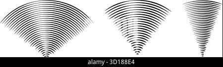 Lineares Schallwellensignal eingestellt. Radialradio und Audio-Symbole für Musik. Gekräuseltes Radar-Vibrationselement-Schildbündel. Schwarz gekrümmte Impulslinien. Echokardiographie-Symbole. Vektor Stock Vektor