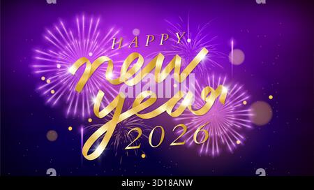 Elegante Neujahrsgrüße 2026 mit goldener Typografie und festlichem Feuerwerk. Vektorabbildung Stock Vektor