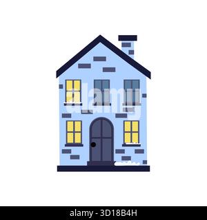 Ein gemütliches blaues Haus mit beleuchteten Fenstern steht ruhig in einer Winterlandschaft. Der Schnee liegt sanft auf dem Boden und verstärkt den ruhigen Abend um Stock Vektor