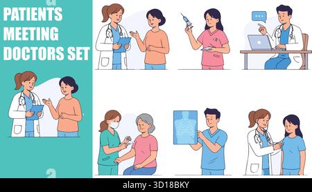 Patienten- und Arztversammlungsset. Medizinisches Personal überprüft Gesundheit, Beratung, Bluttest und Beratung im Krankenhaus. Illustration Des Abgewickelten Vektors. Stock Vektor