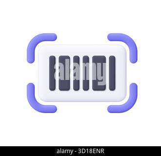 Schwarzes Barcode-Symbol mit violetten Ecken des Scanrahmens. Produktidentifikation, digitale Zahlung, Shopping, Inventar und Einzelhandelskonzept. 3D Stock Vektor