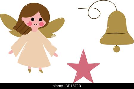 Buntes Weihnachtsweihnachtsvektor-Set mit Fee, Stern, Glocke. Skurrile Urlaubskritzeleien, ideal für festliche Projekte. Inklusive Schmuck und Geschenk Stock Vektor