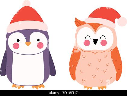 Buntes Weihnachtsvektor-Set mit Eulen und Pinguinen. Skurrile Urlaubskritzeleien, ideal für festliche Projekte. Inklusive Schmuck und Geschenk Stock Vektor