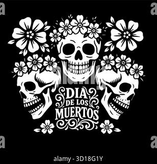 Totenkopfmotive, Blumenmuster und dekorative Kanten einfarbig. Traditionelle fiesta-Banner für Dia de los Muertos. Handgezeichnet. Nicht AI, Vektor Stock Vektor
