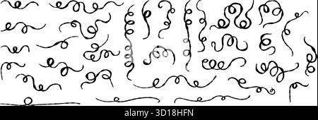 Buntstift gewellte Wirbel- und Curl-Spirallinien, Doodles Set. Strukturierter Vektor Mit Isolierter Krümmung, Handgezeichnet. Verschiedene Schleife- und Drehformen für den Einsatz Stock Vektor