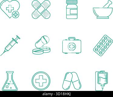 Medizinische Icon Set – Healthcare und pharmazeutische Linie Kunst in Teal Stock Vektor