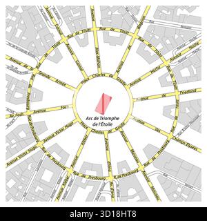 Detaillierte Straßenkarte rund um den Arc de Triomphe, Paris, Frankreich Stockfoto
