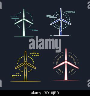 Sammlung von Symbolen für Windenergie und erneuerbare Energien, leuchtende Strichgrafik. Stock Vektor