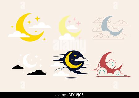 Niedliche Zeichentrick-Mond-Vektor-Set, Symbole für Nacht, Schlaf und Wetter. Stock Vektor