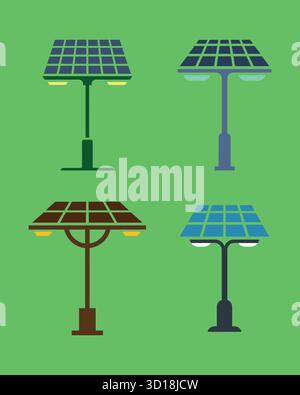 Solarbetriebene Straßenlaterne und Lampenpfosten Ikonen, isolierter Vektorsatz. Stock Vektor