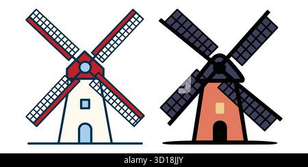 Sammlung traditioneller niederländischer Windmühlen-Illustrationen, isolierter Vektor-Satz. Stock Vektor