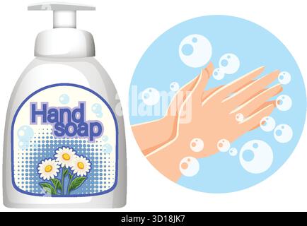 Vektor-Illustration der flüssigen Hand Seifenflasche und Hände waschen mit Blasen, flache Art Stock Vektor