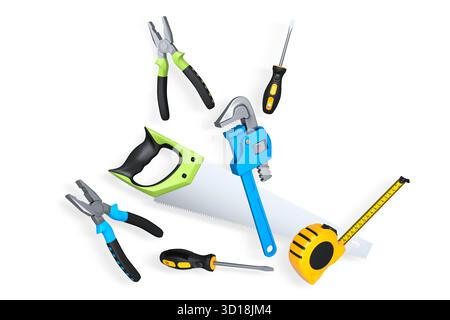 Verschiedene Handwerkzeuge einschließlich Zange, Schraubendreher, Säge und Bandmaß isoliert auf weißem Hintergrund mit Schnittpfad, Konzept von DIY Stockfoto