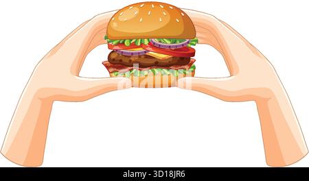 Flacher Vektor von zwei Händen, die einen Cheeseburger mit Salat, Tomate, Zwiebeln und Speck halten. Stock Vektor