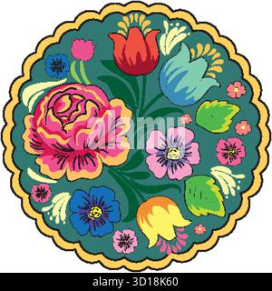 Auffällige Vektorblumen und Blätter in einem gewellten runden Rahmen, inspiriert von russischer Volkskunst. Stock Vektor