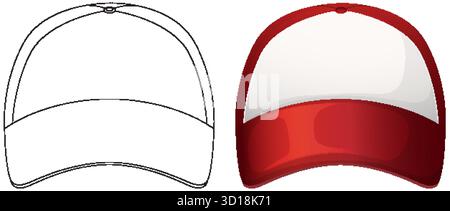 Roter Trucker Cap Vektor mit Umriss und farbigen Versionen, klare Linien, einfache frontale Zusammensetzung Stock Vektor