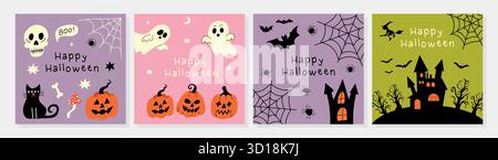 Set aus farbenfrohen Halloween-Grußkarten mit Kürbissen, Geistern, Fledermäusen und Spukhäusern. Flache Vektorillustration für festliches Design und Dekoration. Stock Vektor