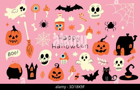 Flache Halloween-Illustration in rosafarbenen Tönen mit Geistern, Kürbissen, Schädeln und Fledermäusen. Vektor-Doodle-Stil für Karten, Poster oder saisonale Dekoration. Stock Vektor