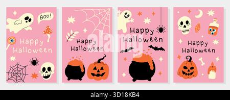 Set niedlicher Halloween-Grußkarten in rosa Farbpalette mit Geistern, Kürbissen und Spinnennetzen. Flacher Vektor-Stil für Dekoration und Design PR Stock Vektor