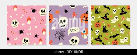 Set aus nahtlosen Halloween-Mustern mit Kürbissen, Schädeln, Geistern, Fledermäusen und Spinnennetzen. Flache Vektorabbildung für Geschenkpapier oder digitale Ba Stock Vektor