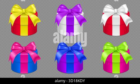 Runde Geschenkboxen isoliert auf transparentem Hintergrund. Vektor realistische Illustration von Feiertagsgeschenken mit farbigen Schleifenbögen, Geburtstag, Weihnachten oder Jahrestag Überraschung, Einkaufsrabatt Stock Vektor