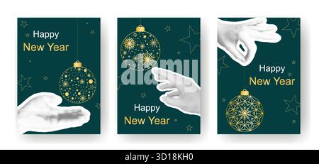 Setzen Sie moderne Silvesterkarten im Collage-Stil. Vertikale Vorlagen mit Glückwunschtext, Halbtonelementen, goldenen Weihnachtsbaumkugeln und Sternen. Stock Vektor