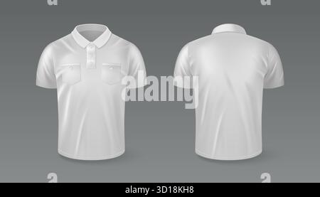 Weißes Poloshirt mit Brusttaschen, Vorder- und Rückansicht für Uniform- oder Arbeitskleidung. Kurzarm-Design, Kragendetails und leere Vorlage für Branding oder Corporate Identity Stock Vektor