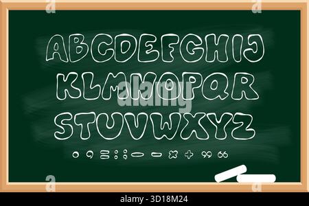 Kreide-Schulgrüntafel mit weißen strukturierten Buchstaben. Isoliertes Buntstift-Blasenalphabet, Satzzeichen und Symbole handgezeichnete Kritzeleien für Stock Vektor
