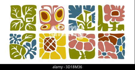 Symbole im Boho-Stil mit Blumenmuster auf weißem Hintergrund. Vektor-Illustration von Farbblumen, Schmetterling, grüne Pflanzen gezeichnet auf quadratischen Fliesen, organisches Sommermuster, botanisches Retro-Plakatdekor Stock Vektor