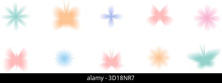 Verlaufssymbole in Pastellfarben unschärfen eingestellt. Y2K Retro Schmetterling und Blume. Bunte Abstufungssymbole isoliert. Blumen und Schmetterlinge durchscheinend. Trendiger Effekt Stock Vektor