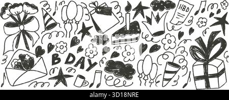 Happy Birthday Party Tinte gezeichnet Set. Feier schwarz-weiß Kritzelei isoliert auf transparentem Hintergrund. Geschenk, Konfetti und Kuchen mit Ballons für f Stock Vektor