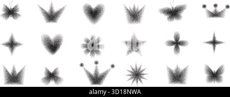 Y2K-Symbole für geerdetes Pulver eingestellt. Krone, Blumen und Schmetterlingskorn-Lärm-Formen. Schwarze Punkte, Herzen mit Sandstruktur, funkelnde Sterne und Blinker. Vektor schwarz Stock Vektor