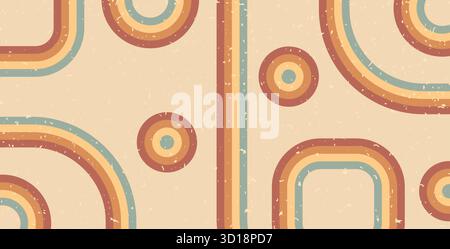 Retro-Regenbogenlinien und geometrische Formen im Hintergrund. Horizontales Banner mit Boho-Streifen und abstraktem Kreismuster. Vektor Vintage unterstreichen geomet Stock Vektor