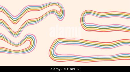 Grooviger Regenbogenhintergrund mit abstrakten Linien. Gewellte, dynamische Streifen in Vintage-Farben. Verspieltes, flüssiges Flickwerk mit Wellenbogen. Vektor Retro beige Stock Vektor