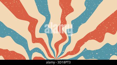 Grooviges rotes und blaues Zirkusrad mit Geräuschstruktur. Retro-Starburst-Hintergrund. Illustration der Sonnenstrahlen. Vektor wellige Karnevalsdekoration. Radialstr Stock Vektor