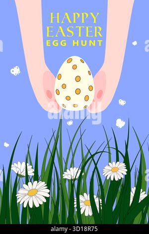 Hasenjagd Osterei. Fröhliches Osterplakat, Frühlingswiese, Gras Stock Vektor