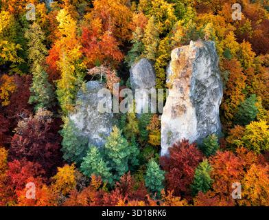 Mann Fotograf in den Bergen im Herbst bei Sonnenuntergang Stockfoto
