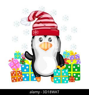 Weihnachtspinguin mit Geschenkbox auf weißem Hintergrund. Pinguin mit Weihnachtsmann-Hut und stapelbaren Geschenken. Pinguin trägt rote Mütze, Geschenkboxen und Schneeflocken Stock Vektor