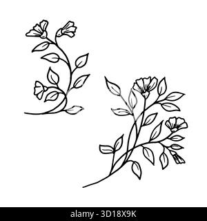 Zweige mit Blumen und Blättern, schwarz-weiße Skizze. Vektorabbildung. Set von Frühlingswildblumen, einfaches Muster, isoliert auf weißem Hintergrund. F Stock Vektor