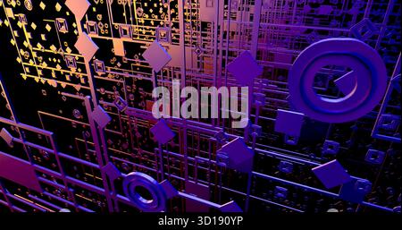 Ein farbenfrohes Bild von Quadraten und Kreisen, die futuristische Strukturen bilden, ähnlich wie parallel angeordnete Schaltkreise. Die Quadrate und die Kreise sind angeordnet Stockfoto