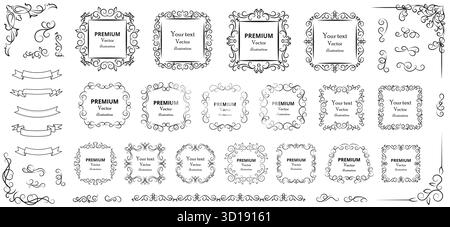 Kalligraphische Designelemente. Dekorative Strudel oder Schriftrollen, Vintage-Rahmen, Blumen, Etiketten und Trennwände. Illustration des Retro-Vektors Stock Vektor
