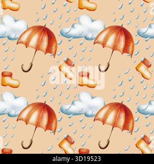 Regenschirm und Gummistiefel im Herbst mit nahtlosem Muster in Gelb-Orange mit gestrickten Bündchen, regnerischen Wolken und Regentropfen in Aquarellfarben und Farbstiften gemischt Stockfoto