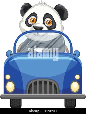 Vektor-Illustration eines Pandabären, der ein blaues Cabrio fährt, helle Farben, flache Art Stock Vektor