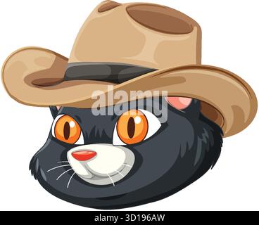 Schwarzer Katzenkopf mit orangefarbenen Augen und braunem Cowboyhut, kräftige Umrisse, weißer Hintergrund Stock Vektor
