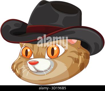 Vektor-Illustration des orangen Tabby Katzenkopfes mit schwarzem Cowboyhut, kräftigen Linien, weißem Hintergrund Stock Vektor