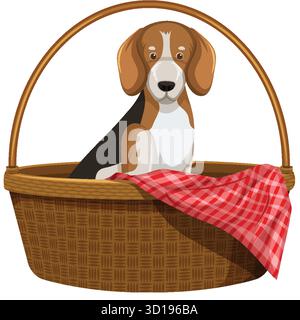 Niedlicher Beagle-Welpe, der in einem gewebten Korb mit rotem kariertem Tuch sitzt, flacher Karikaturvektor. Stock Vektor