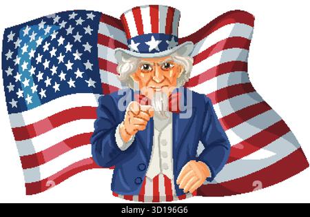 Vektor-Illustration von Onkel Sam zeigt mit amerikanischer Flagge Hintergrund in auffälligem, klassischem patriotischem Stil. Stock Vektor